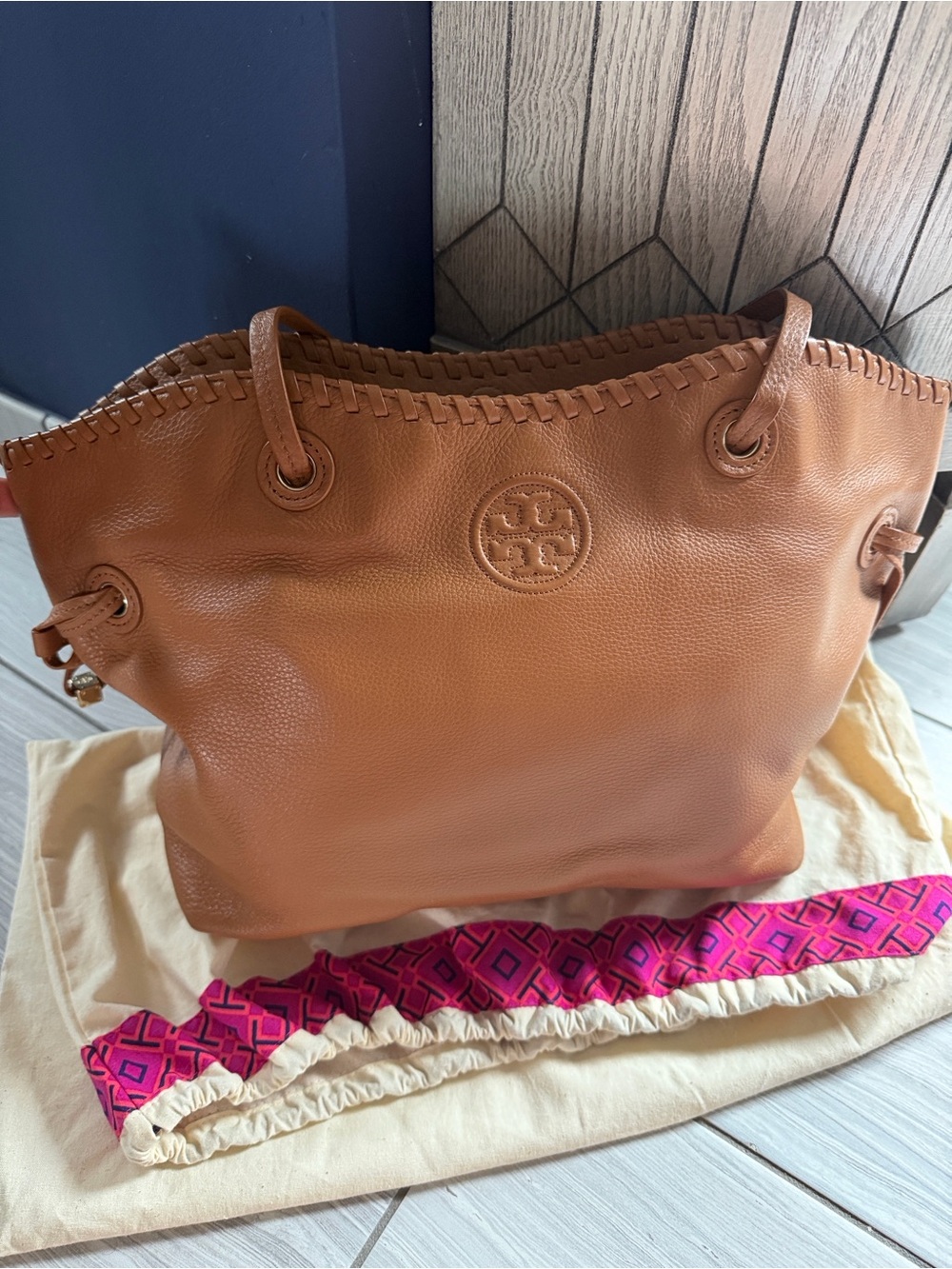 Tory Burch Cognac Leather Whipstitch Tote